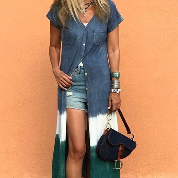 Tops - COMING NEW COLOR BLOCK LONG BUTTON UP TOP COVER UP Tops - COMING NEW COLOR BLOCK LONG BUTTON UP TOP COVER UP
